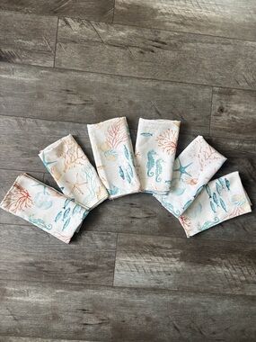 Coastal Coral & Aqua Seashell Dining Napkins - Set of 6